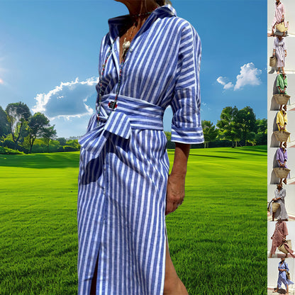 Vestido camisero a rayas con cinturón, a la moda, de media manga, solapa, botones, cárdigan, vestidos de ropa de mujer