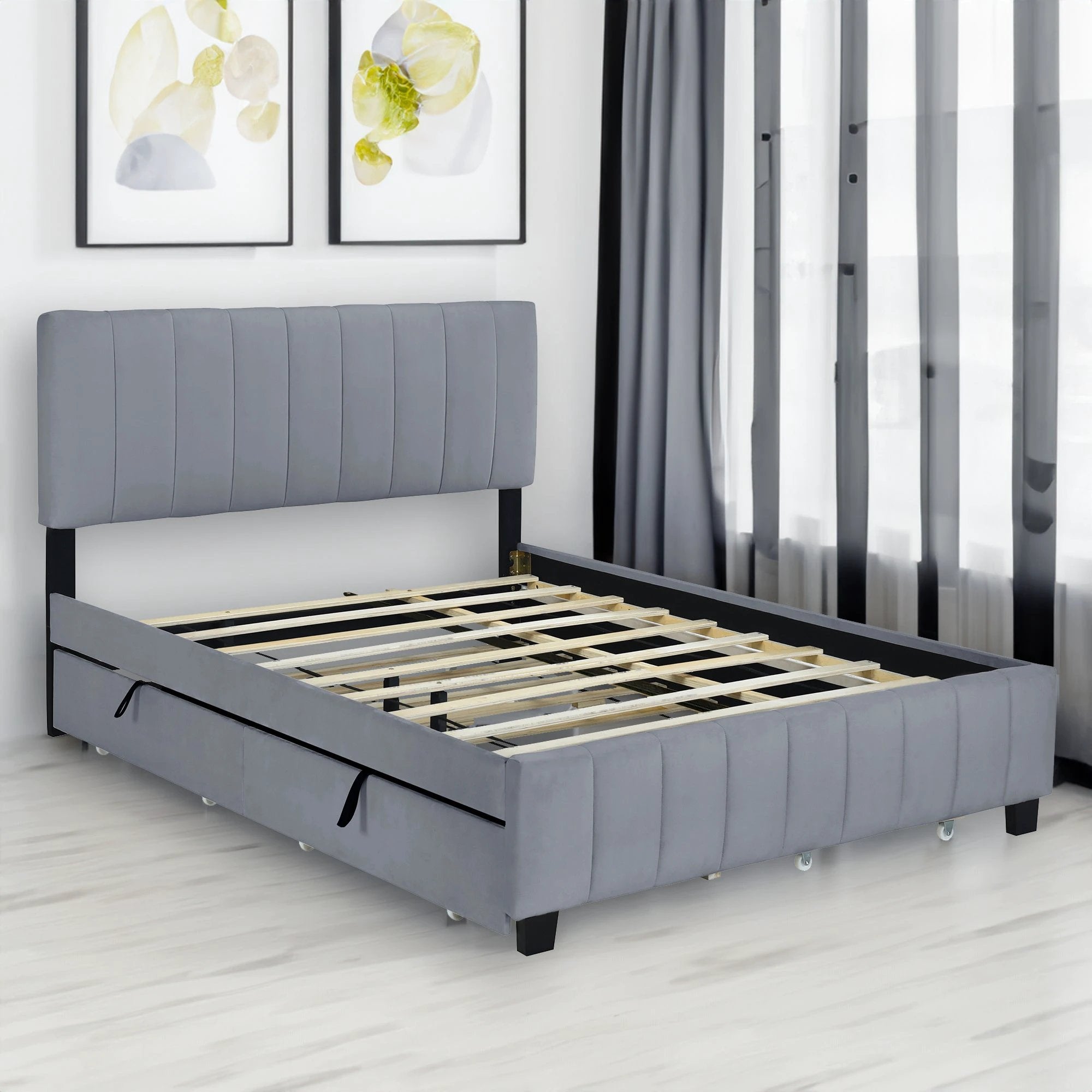 Queen Size Velvet Upholstered Platform Bed with 2 Drawers by eprolo