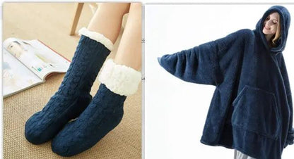 Hoodie blanket with front pocket in navy fleece; 2-item set includes navy knit socks with fluffy white cuffs