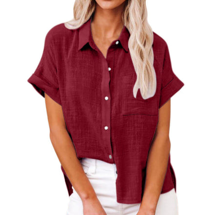 Chemisier Femme Coton Lin Décontracté Manches Courtes à Poche
