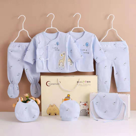Seven-piece AdTec newborn clothing set in light blue; includes jackets, pants, hat, and bib
