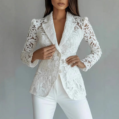 Blazer Transparent Col V en Dentelle Élégant Décontracté et Tendance pour Femme