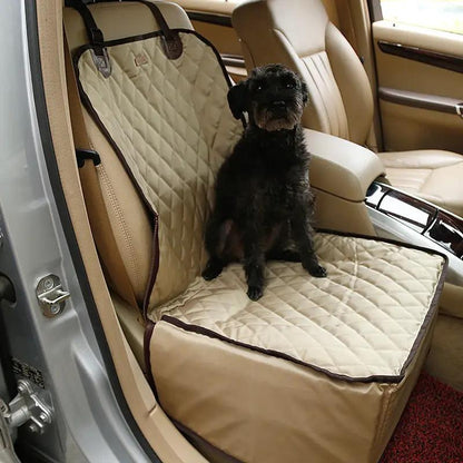 Front-seat pet car mat, beige quilted waterproof by AdTec with dog on it