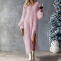 Robe Longue Tricotée Chic Fendue avec Boutons Col V Hiver Doublure Polaire Robes Maxi Soirée Fête Club Mode Vêtements Féminins