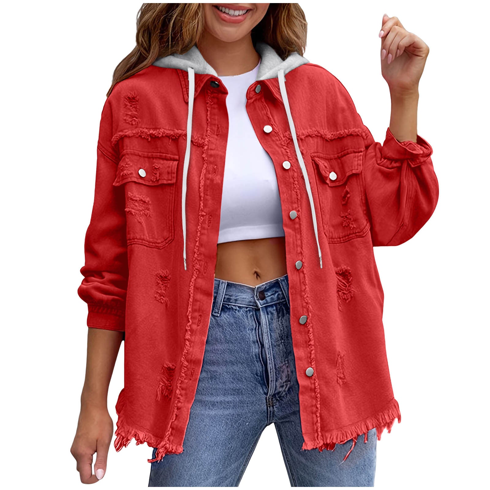 Chaqueta vaquera con capucha holgada de color liso para mujer