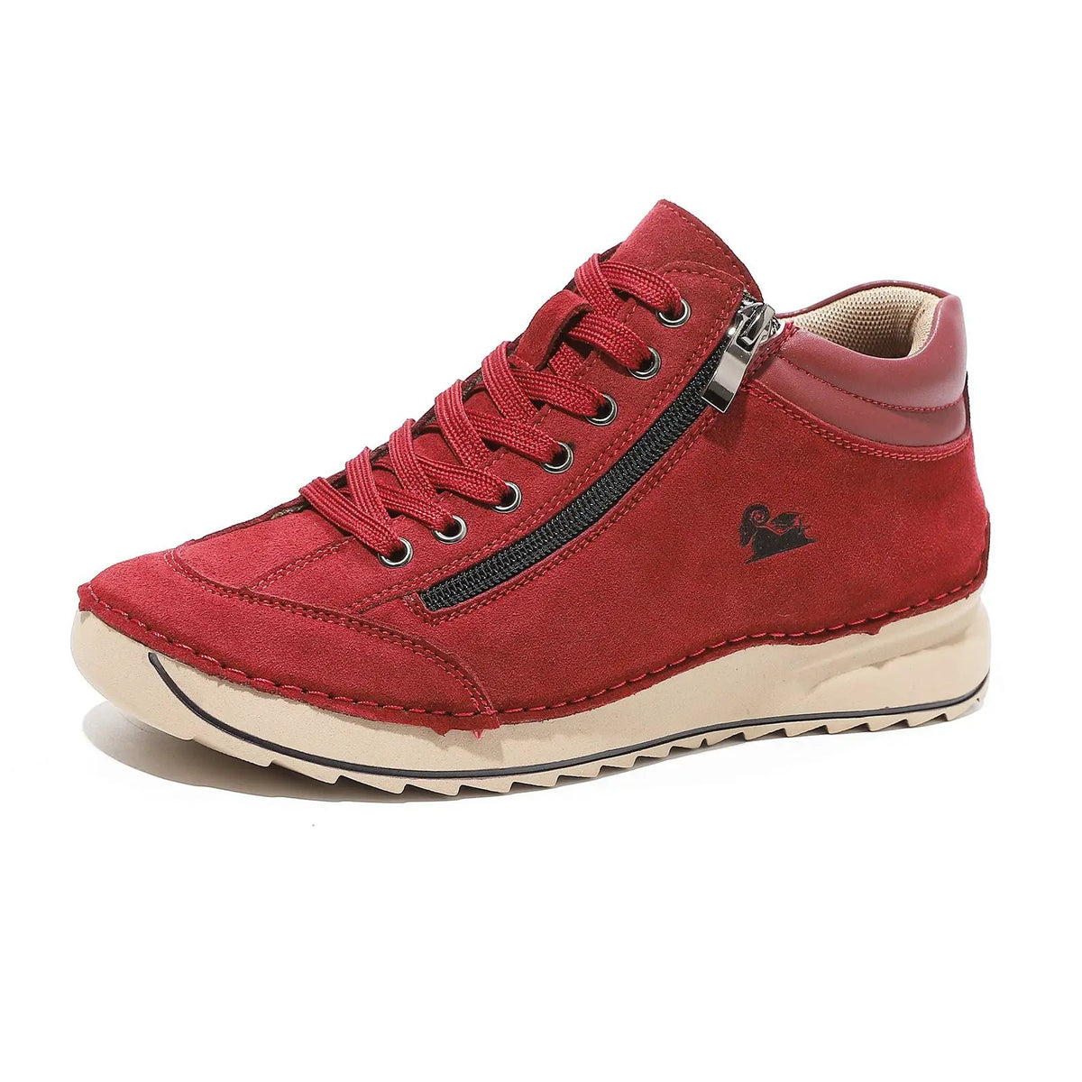 Flat dress shoe for women in red suede with lace-up front and side zipper.