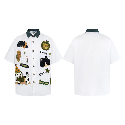 Spotted puppy cat embroidered short sleeved shirt