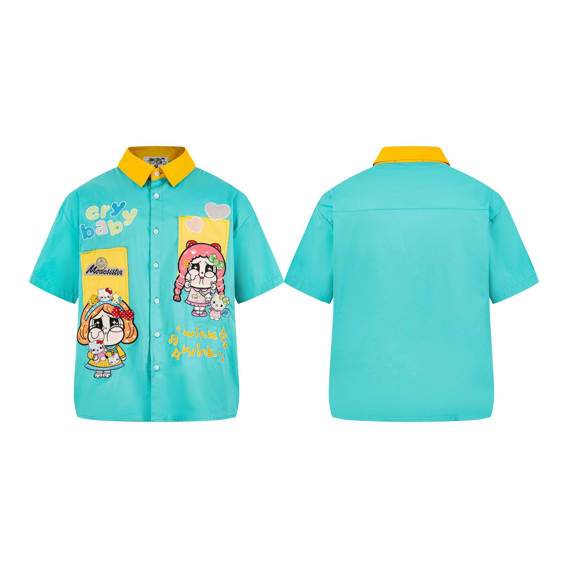 Cartoon sticker embroidered short sleeved shirt