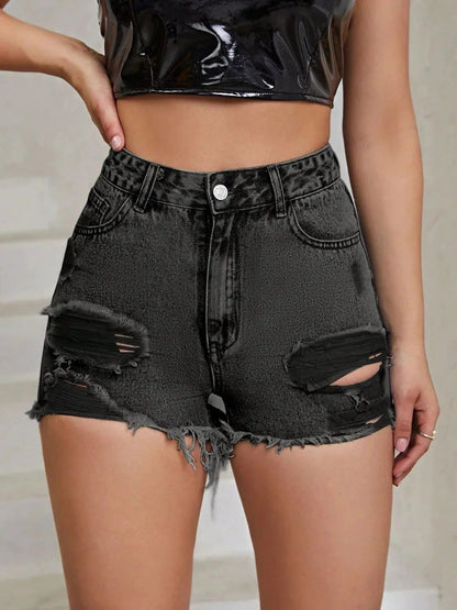 Distressed Raw Hem High Rise Denim Shorts by eprolo