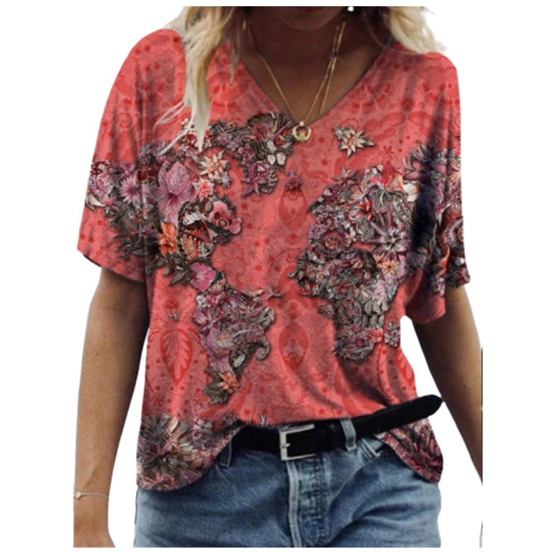 Camiseta de manga corta con cuello de pico y estampado de mapa