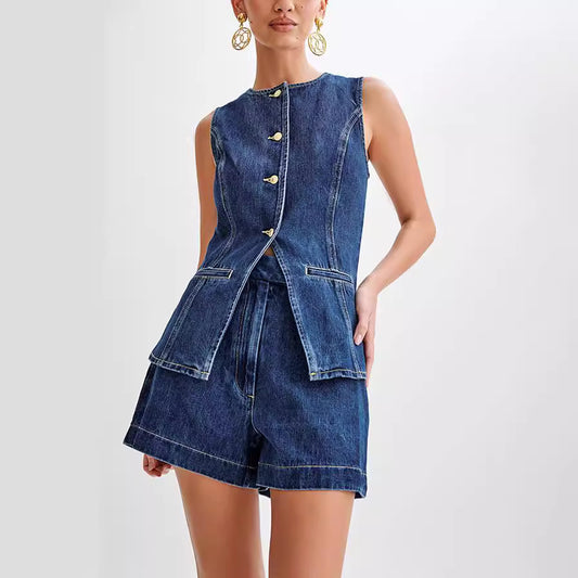 Traje de mujer de mezclilla sin mangas casual a la moda