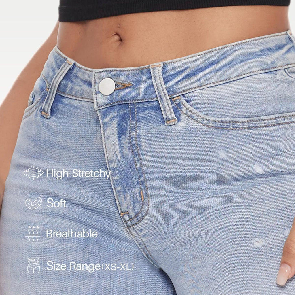 Jeans de mezclilla rectos de pierna ancha, de tiro medio a bajo, alta elasticidad, suaves y levanta glúteos