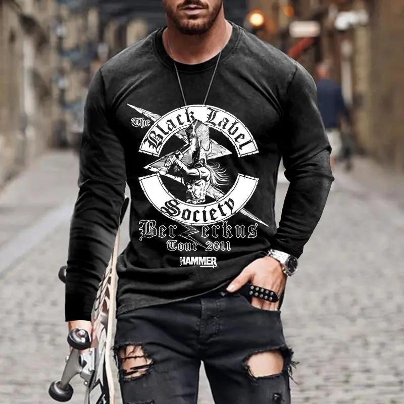 Men's black long-sleeve graphic T-shirt with white circular emblem