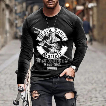 Men's black long-sleeve graphic T-shirt with white circular emblem
