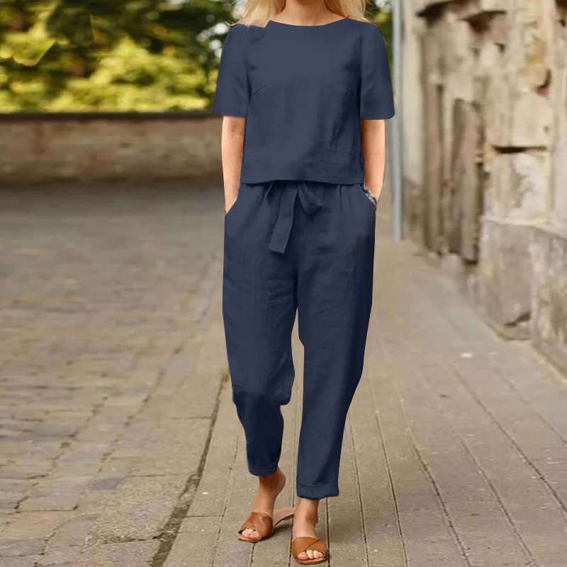 Ensemble pantalon large en coton et lin pour femme