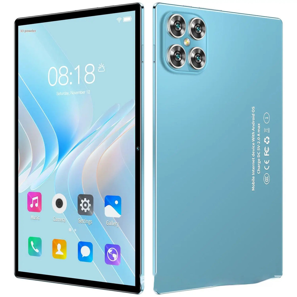 10-inch learning tablet in blue with quad-camera back and home-screen UI