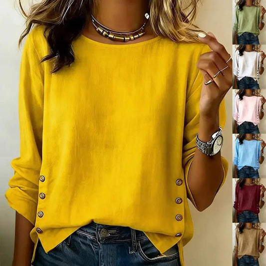 Breathable Linen Short Sleeve Crew Neck Casual Summer T Shirt in yellow with side button accents.