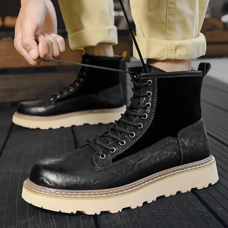 Trend British Style Premium Leather Heritage Work Boots, black leather, chunky beige sole, pair