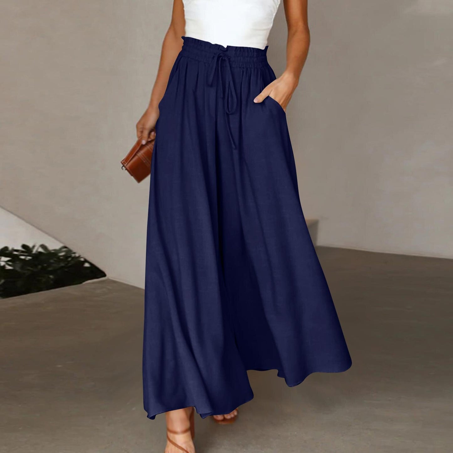 Pantalon long taille haute et large pour femme avec ceinture élastique