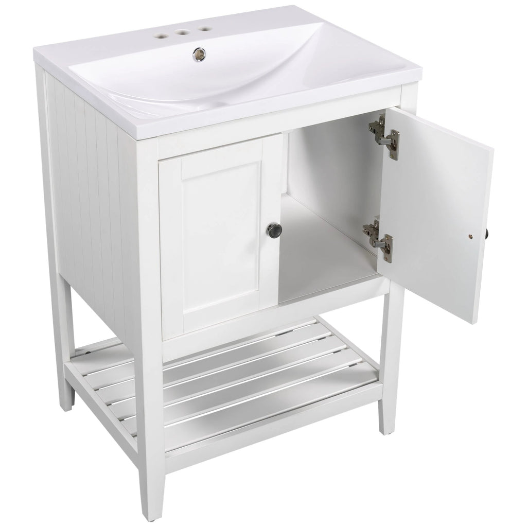 24" White Modern Sleek Bathroom Vanity Elegant Ceramic Sink with Solid Wood Frame Open Style Shelf by eprolo