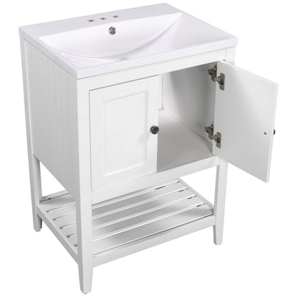 24" White Modern Sleek Bathroom Vanity Elegant Ceramic Sink with Solid Wood Frame Open Style Shelf by eprolo