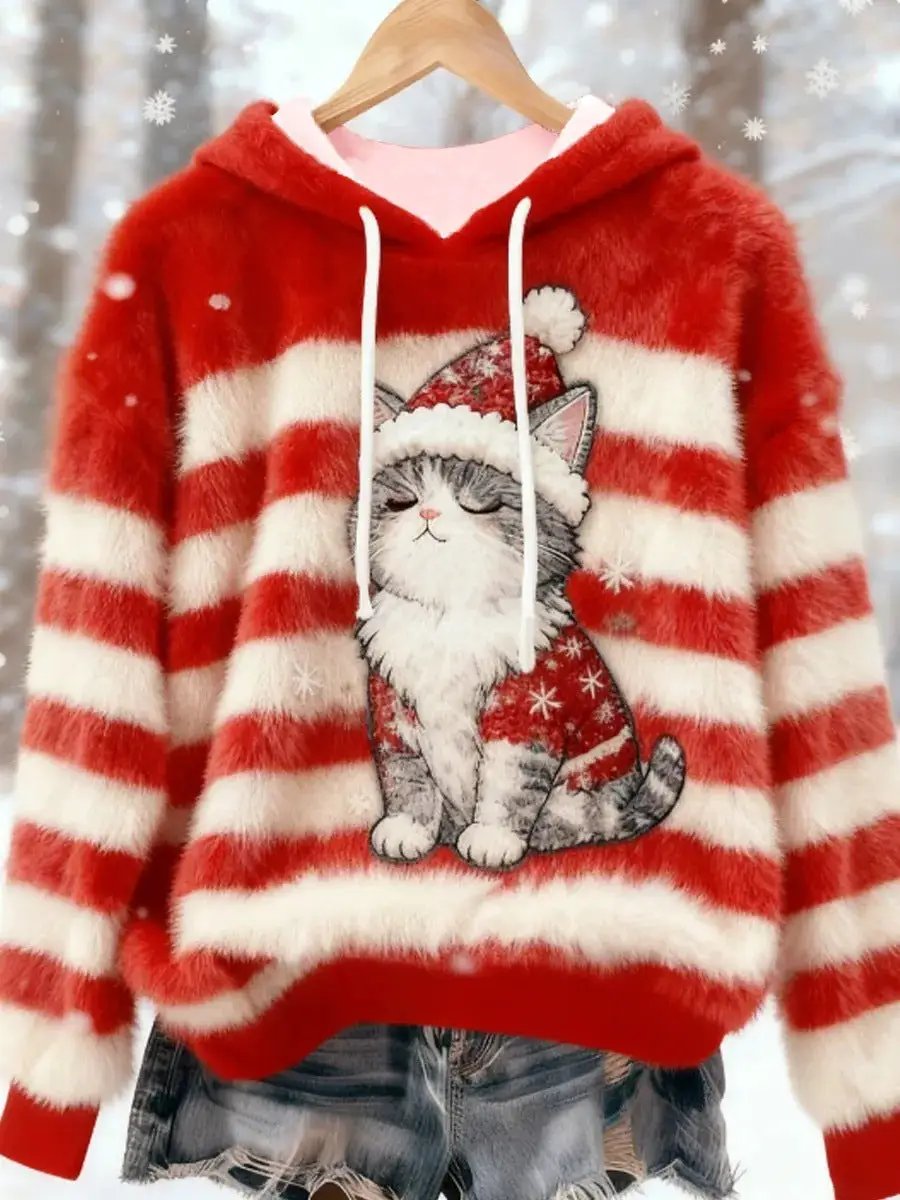 Womens Flannel Christmas Crew-Neck Long-Sleeve Top by AdTec, red and white striped fuzzy hoodie with cat graphic