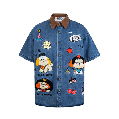 Cute little dog embroidered denim short sleeved shirt