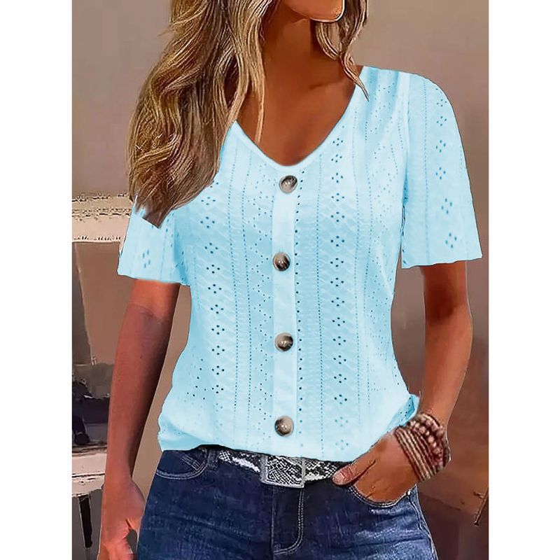 Camiseta de jacquard de color liso con cuello de pico y botones de manga corta