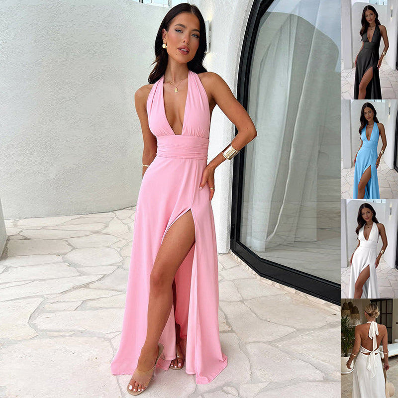Vestido sexy con cuello halter y escote en V con abertura, falda con tirantes, sin espalda, a la moda, ropa de temperamento para mujer