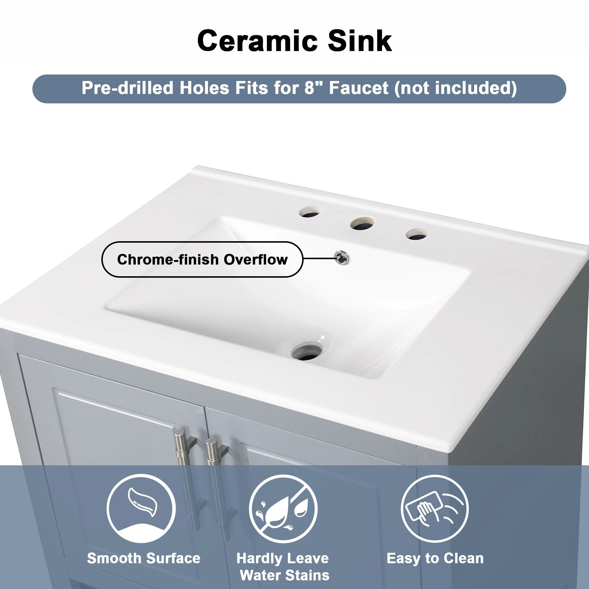 30" Bathroom Vanity with Sink, Multi-functional Bathroom Cabinet with Doors and Drawers, Solid Frame and MDF Board, Grey by eprolo