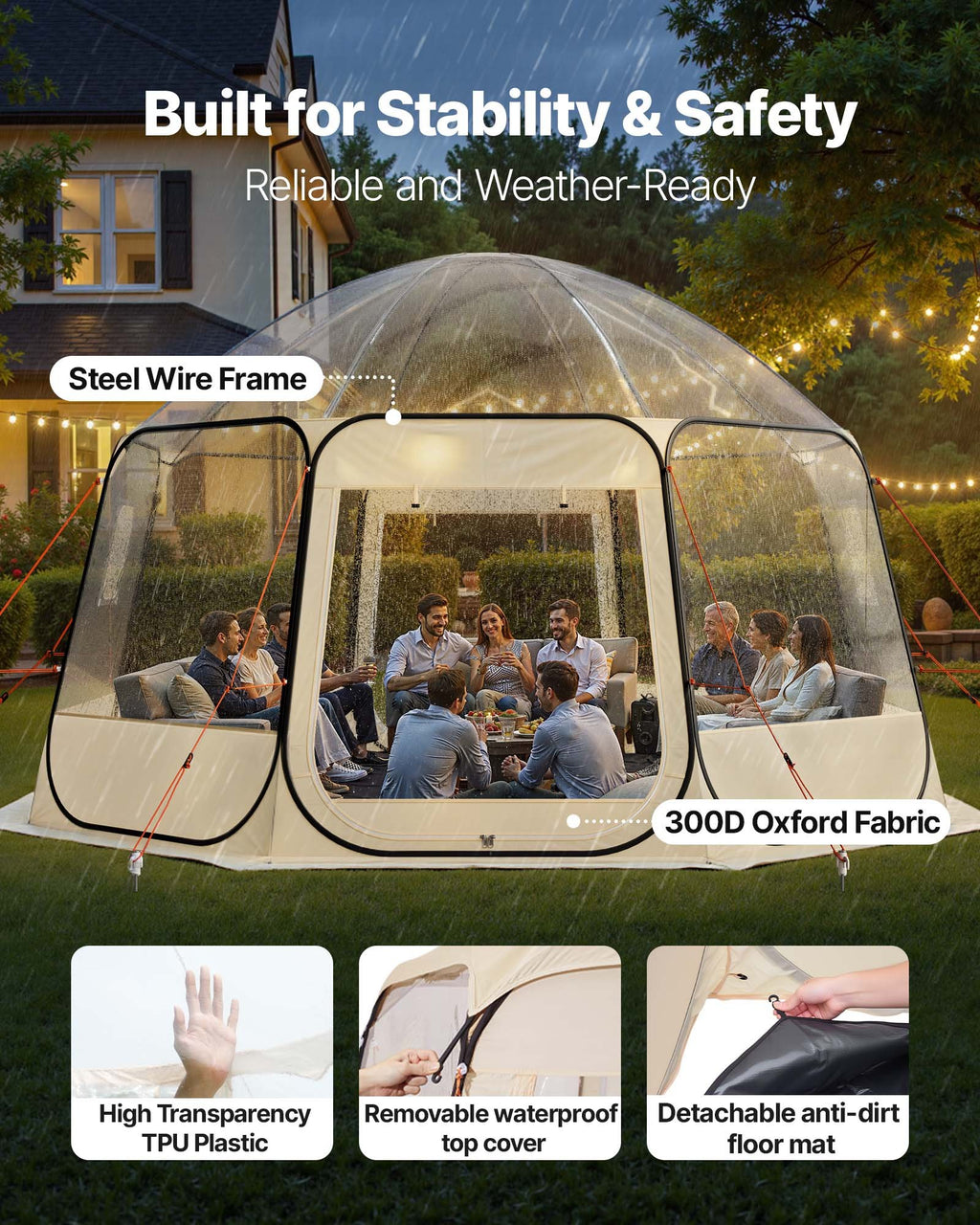 Pop Up Bubble Tent, 15 X 13.8 Ft Waterproof & UV-Resistant, Clear Camping Tent Shelter