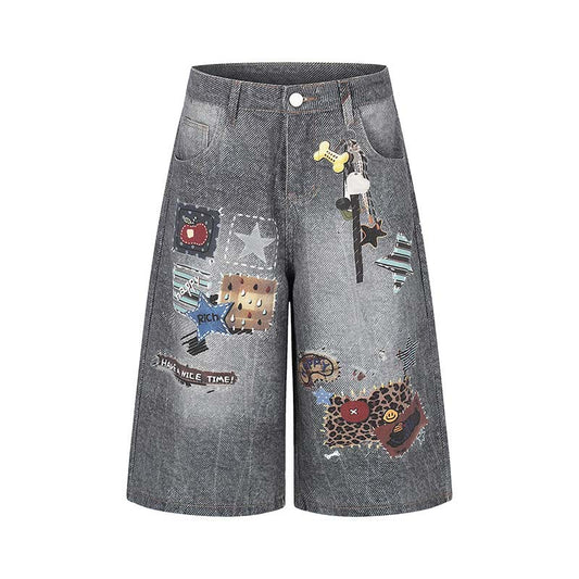 Pattern printed washed denim shorts