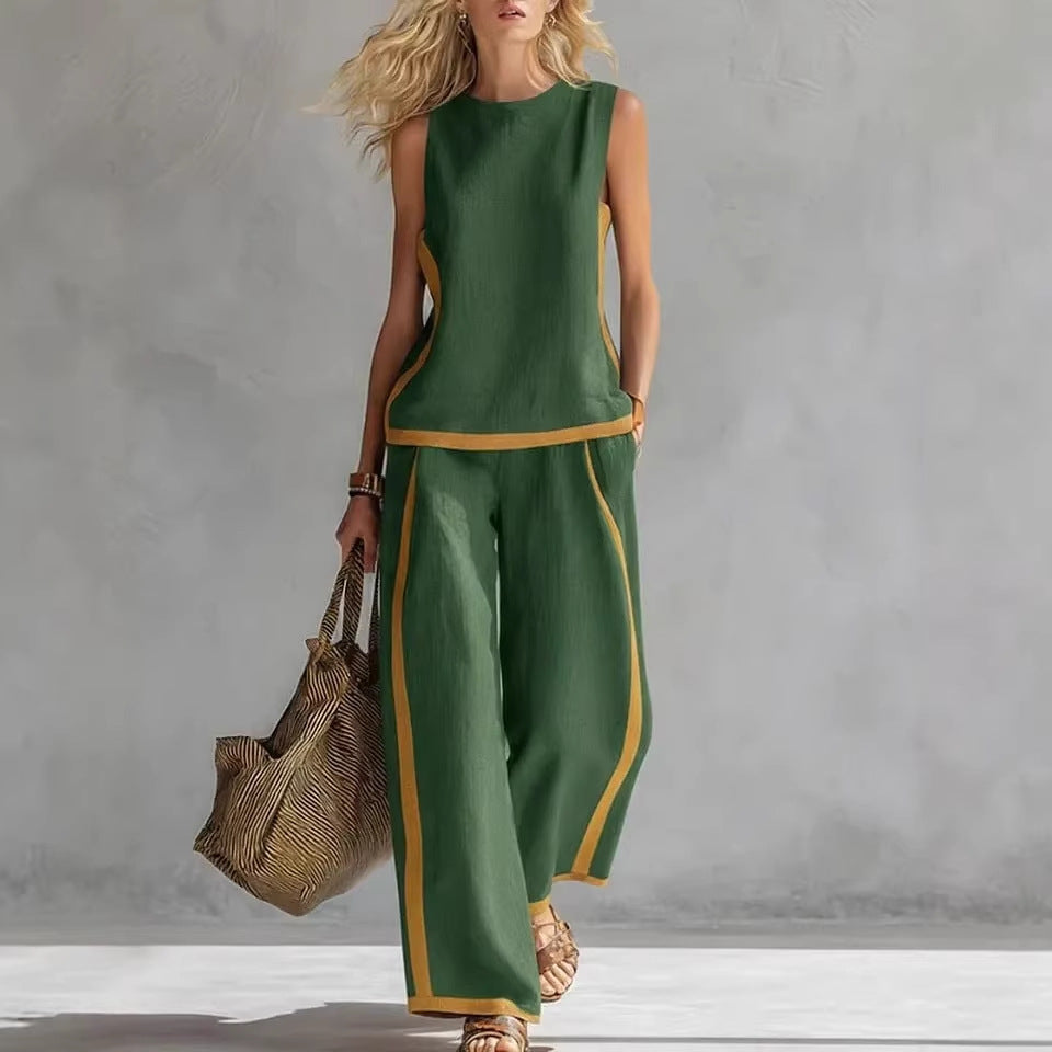 Ensemble Top Ample Sans Manches Col Rond et Pantalon Large Fluide Taille Haute