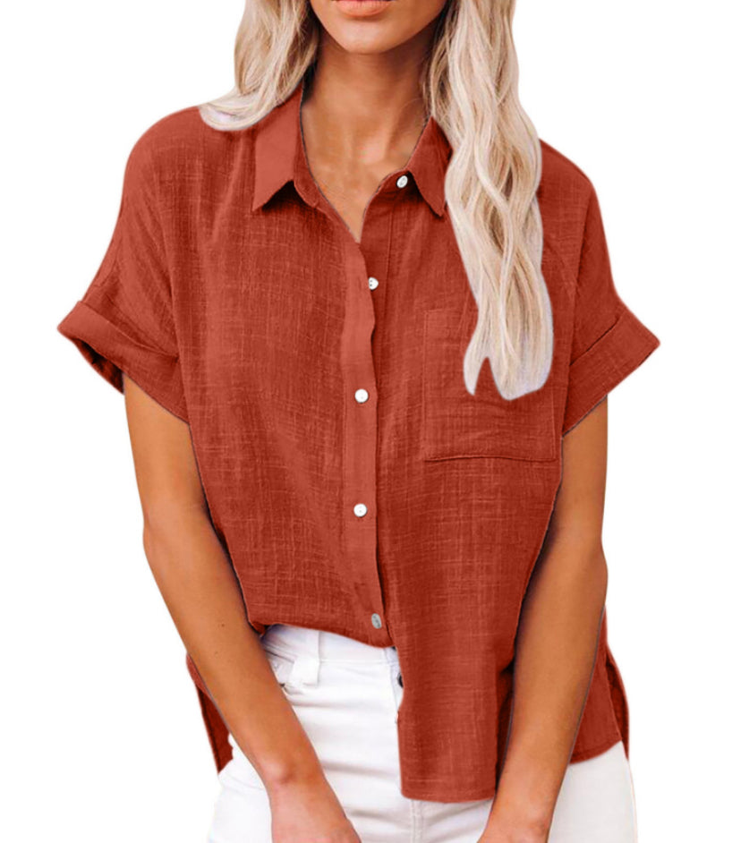 Chemisier Femme Coton Lin Décontracté Manches Courtes à Poche