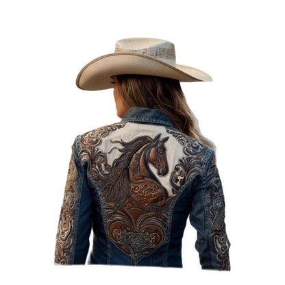 Autumn Retro Washed Long-Sleeve Blue Denim Jacket featuring a brown embroidered horse motif on the back.