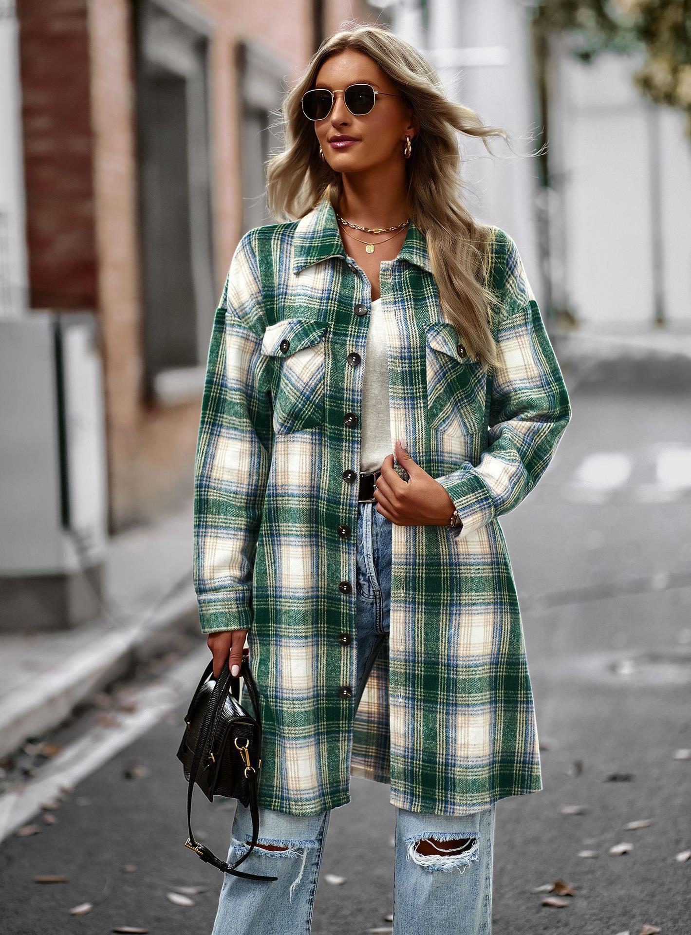 Manteau cardigan long à carreaux pour femme, style décontracté et élégant