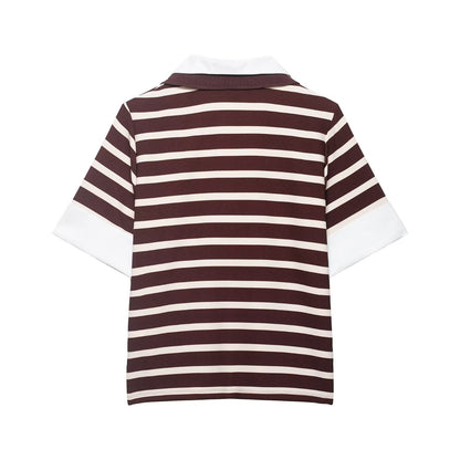 Striped patchwork polo shirt collar top