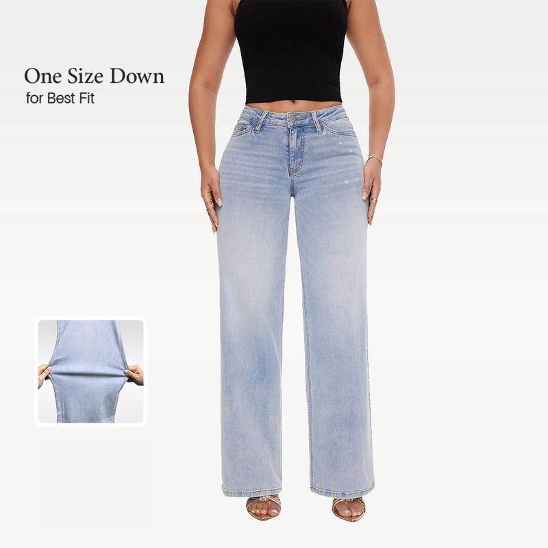 Jeans de mezclilla rectos de pierna ancha, de tiro medio a bajo, alta elasticidad, suaves y levanta glúteos