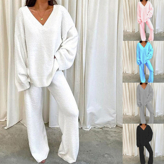 Comfortable Solid Color V-Neck Casual Daily Home Warmer Two-Piece Set