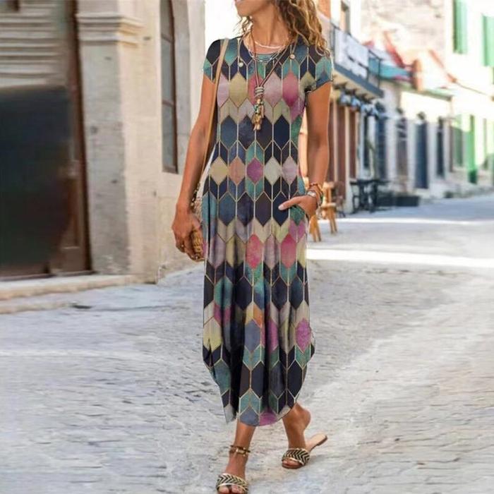 Vestido de cuello redondo, manga corta, con bolsillo y estampado a la moda
