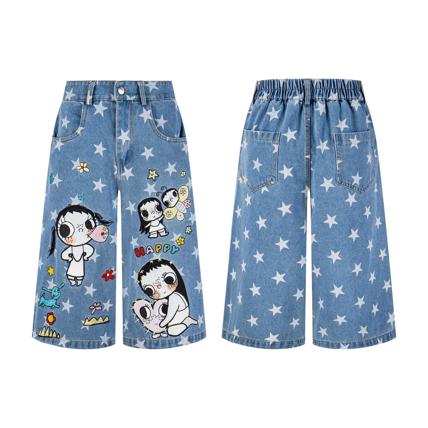 Chica estrella totalmente estampada con tejido bordado y jeans capri