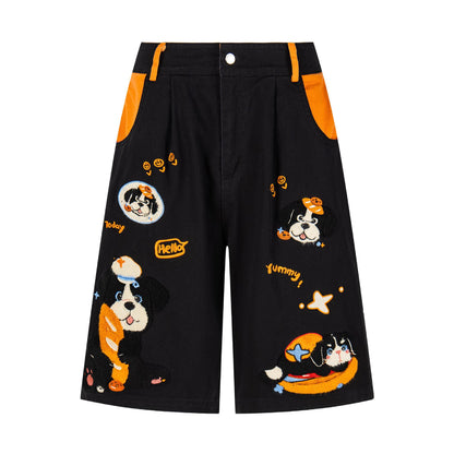 Cartoon puppy embroidered wide leg jeans