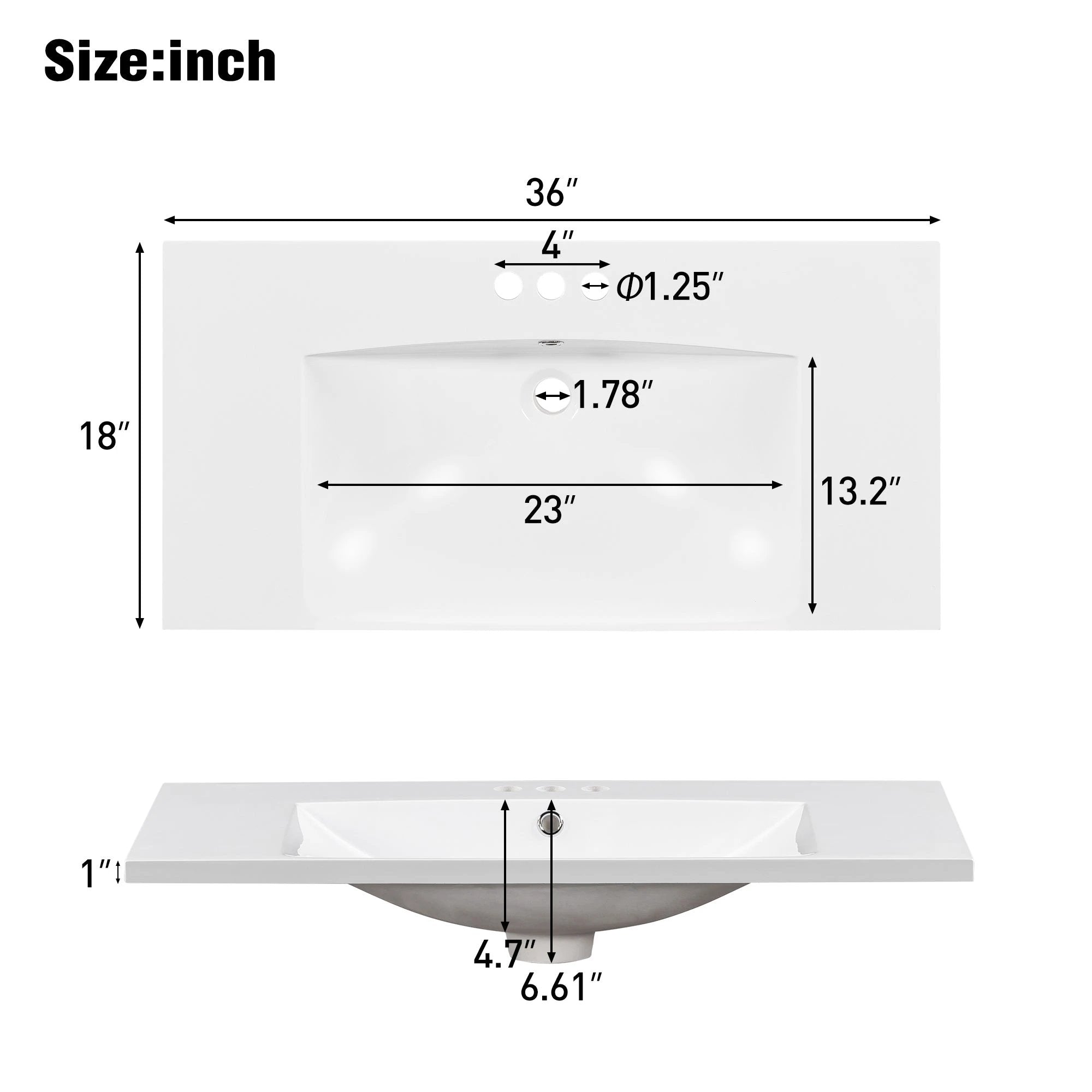 36" Single Bathroom Basin Sink, Vanity Top Only, 3-Faucet Holes, Resin by eprolo