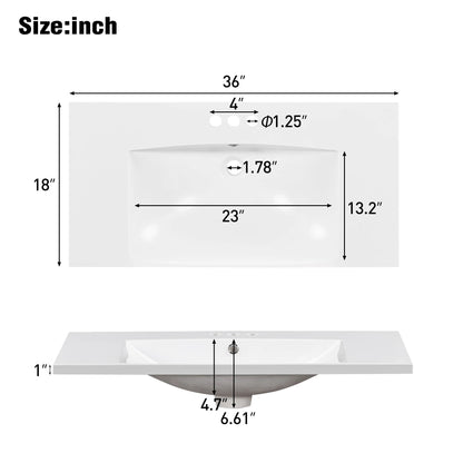 36" Single Bathroom Basin Sink, Vanity Top Only, 3-Faucet Holes, Resin by eprolo