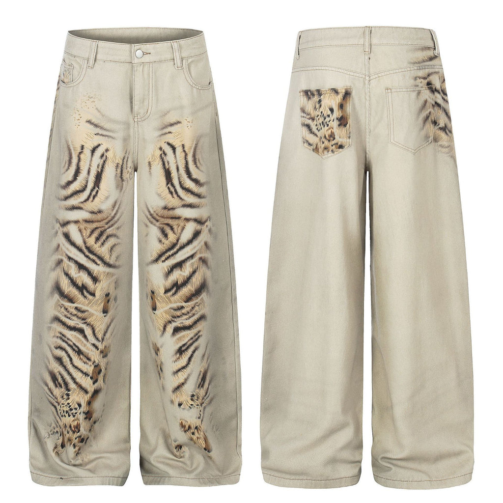 Print Distressed Denim Pants Unisex Loose Wide Leg High Street Trendy Straight Leg Floor-Length Trousers