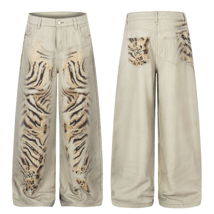 Pantalones Vaqueros Estampados Desgastados Unisex Holgados de Pierna Ancha de Estilo Urbano Moderno de Pierna Recta Hasta el Suelo