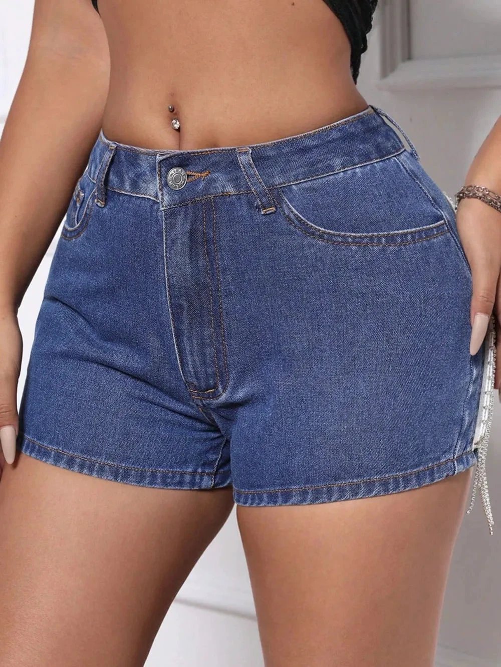 Fringe Back Denim Shorts with Pockets by eprolo