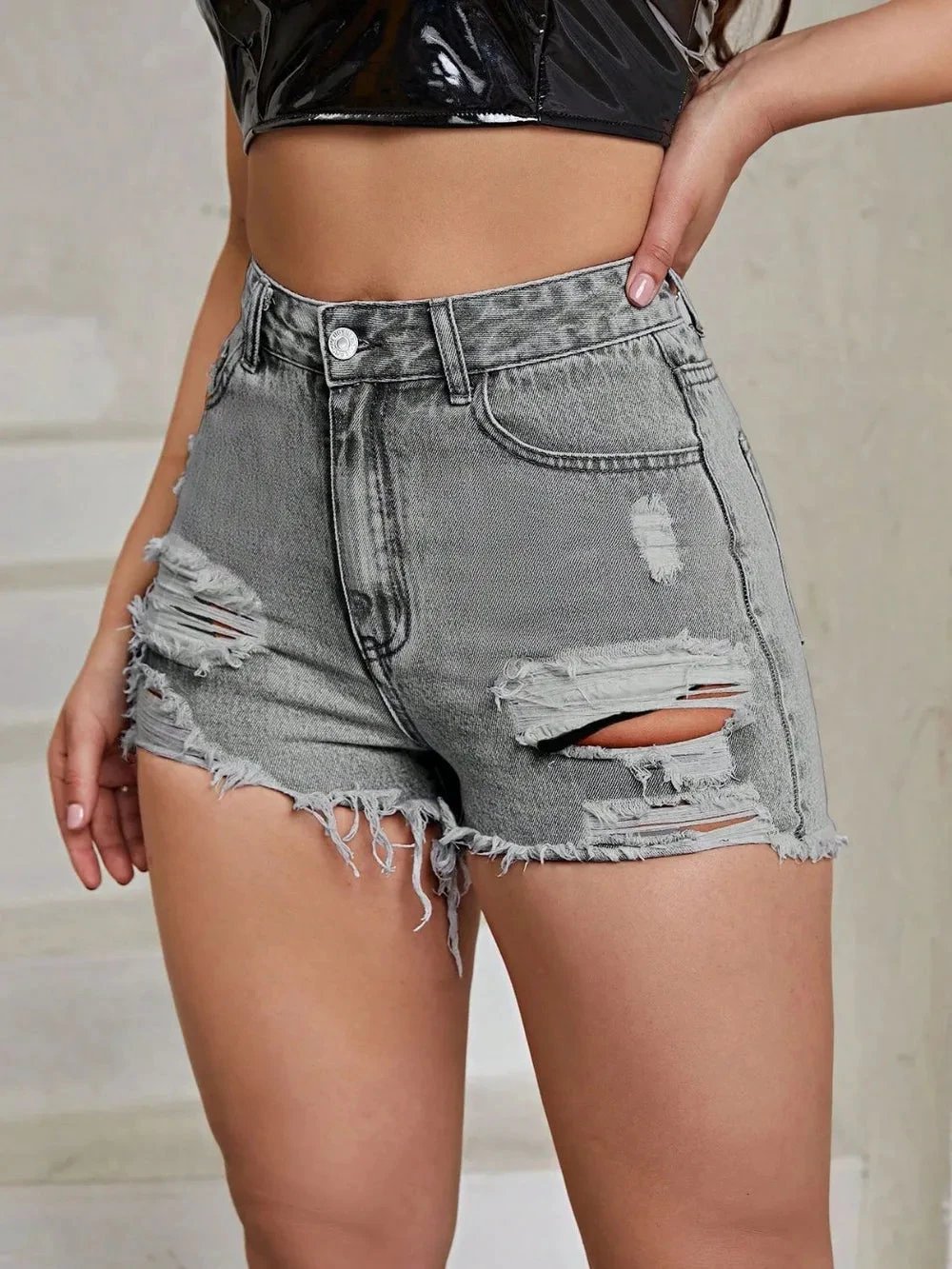 Distressed Raw Hem High Rise Denim Shorts by eprolo