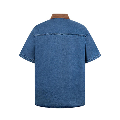 Cute little dog embroidered denim short sleeved shirt