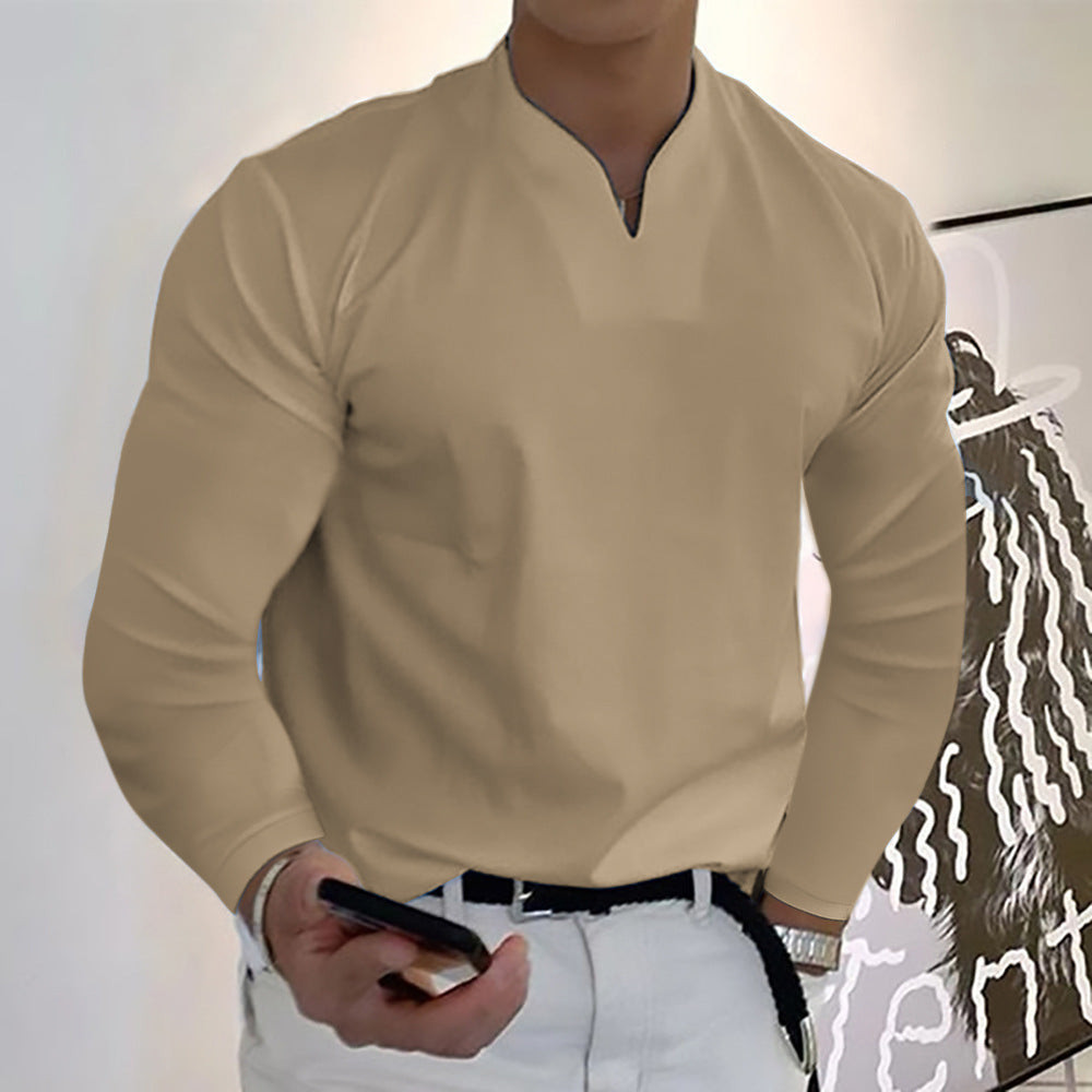 Chemises à manches longues col en V couleur unie décontractées pour hommes
